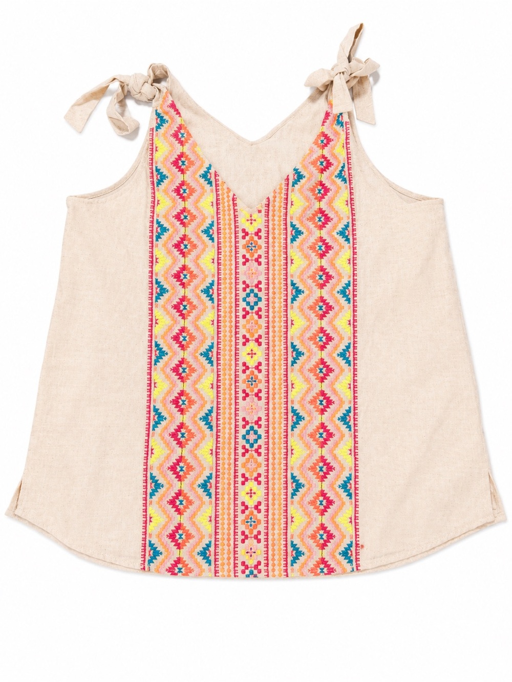 Savanna Jane Tie-Shoulder Embroidered Tank Top - Beige with Multi-Color Pattern
